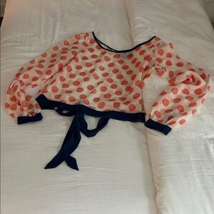 Alcott Sheer Coral Dot Tie-Front Blouse with Navy Trim